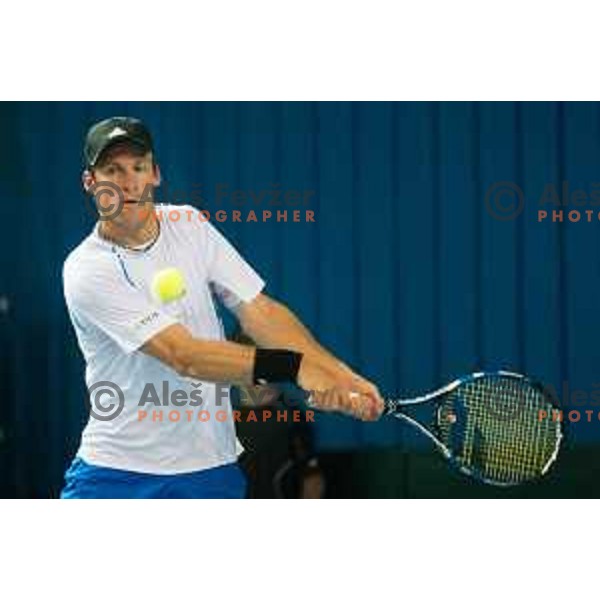 Grega Zemlja of Slovenia in action during Davis Cup match between Slovenia and Lithuania in Kranj, Slovenia on October 30, 2015.