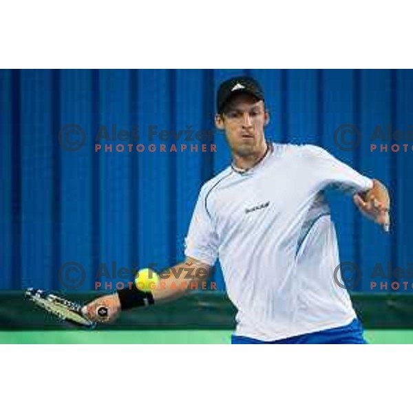 Grega Zemlja of Slovenia in action during Davis Cup match between Slovenia and Lithuania in Kranj, Slovenia on October 30, 2015.