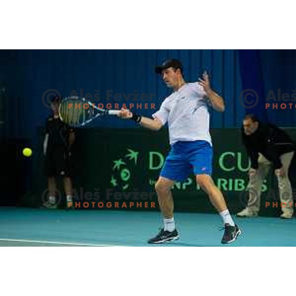 Grega Zemlja of Slovenia in action during Davis Cup match between Slovenia and Lithuania in Kranj, Slovenia on October 30, 2015.