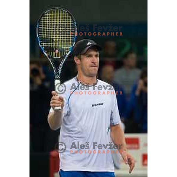 Grega Zemlja of Slovenia in action during Davis Cup match between Slovenia and Lithuania in Kranj, Slovenia on October 30, 2015.
