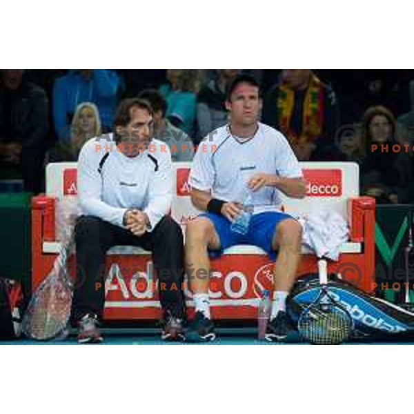 Captain Blaz Trupej and Grega Zemlja of Slovenia in action during Davis Cup match between Slovenia and Lithuania in Kranj, Slovenia on October 30, 2015.