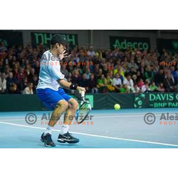Grega Zemlja of Slovenia in action during Davis Cup match between Slovenia and Lithuania in Kranj, Slovenia on October 30, 2015.
