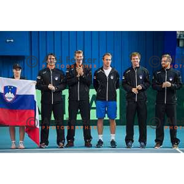 Team Slovenia in action during Davis Cup match between Slovenia and Lithuania in Kranj, Slovenia on October 30, 2015.
