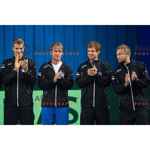Team Slovenia in action during Davis Cup match between Slovenia and Lithuania in Kranj, Slovenia on October 30, 2015.