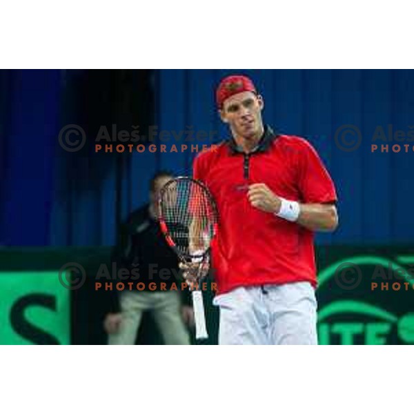 Blaz Rola of Slovenia in action during Davis Cup match between Slovenia and Lithuania in Kranj, Slovenia on October 30, 2015.