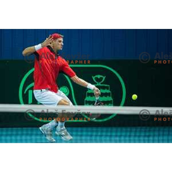 Blaz Rola of Slovenia in action during Davis Cup match between Slovenia and Lithuania in Kranj, Slovenia on October 30, 2015.