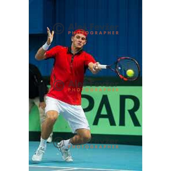 Blaz Rola of Slovenia in action during Davis Cup match between Slovenia and Lithuania in Kranj, Slovenia on October 30, 2015.