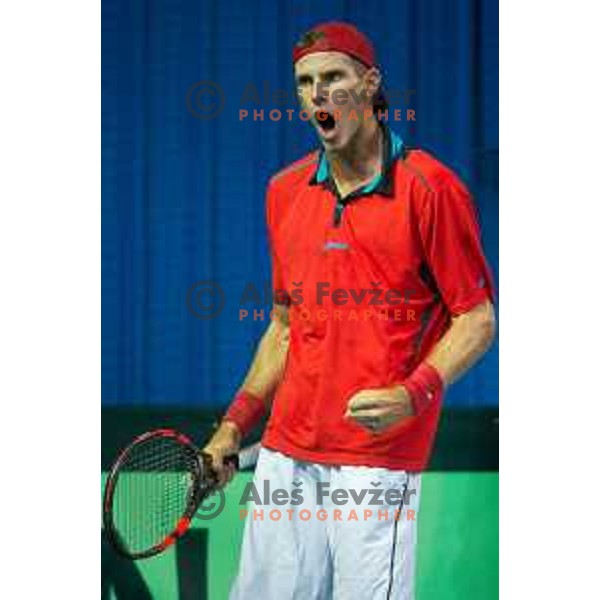Blaz Rola of Slovenia in action during Davis Cup match between Slovenia and Lithuania in Kranj, Slovenia on October 30, 2015.