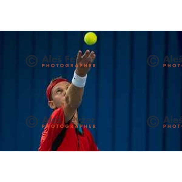 Blaz Rola of Slovenia in action during Davis Cup match between Slovenia and Lithuania in Kranj, Slovenia on October 30, 2015.