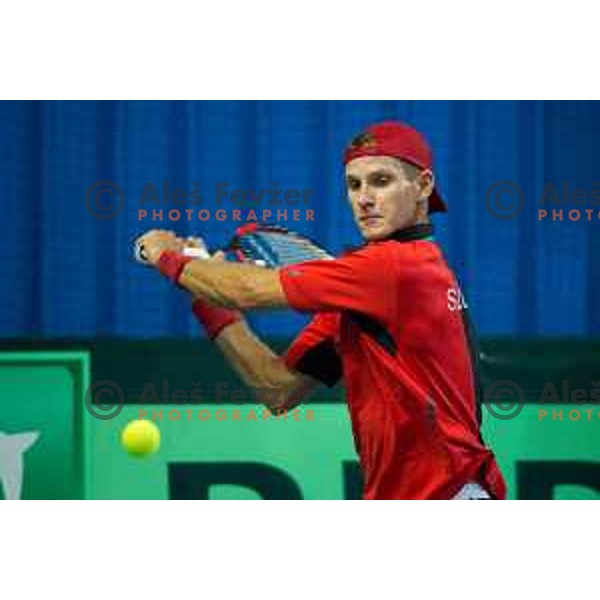 Blaz Rola of Slovenia in action during Davis Cup match between Slovenia and Lithuania in Kranj, Slovenia on October 30, 2015.