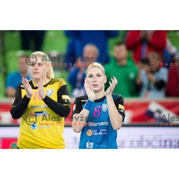 Misa Marincek, Tamara Mavsar in action during handball match between Krim Mercator - Larvik, EHF Women\'s Champions League, Stozice, Ljubljana, 30.10.2015