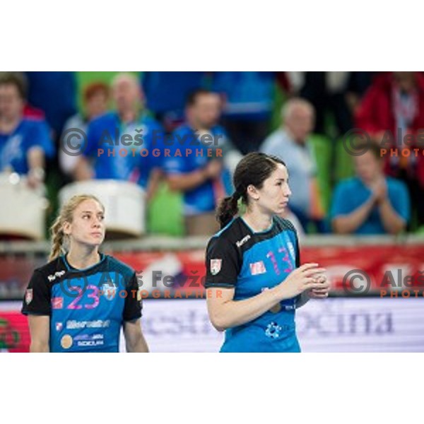 Polona Baric, Mirjeta Bajramoska in action during handball match between Krim Mercator - Larvik, EHF Women\'s Champions League, Stozice, Ljubljana, 30.10.2015