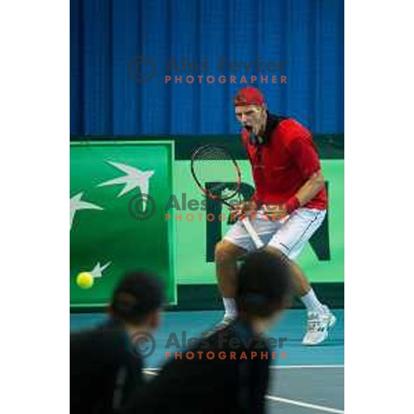 Blaz Rola of Slovenia in action during Davis Cup match between Slovenia and Lithuania in Kranj, Slovenia on October 30, 2015.