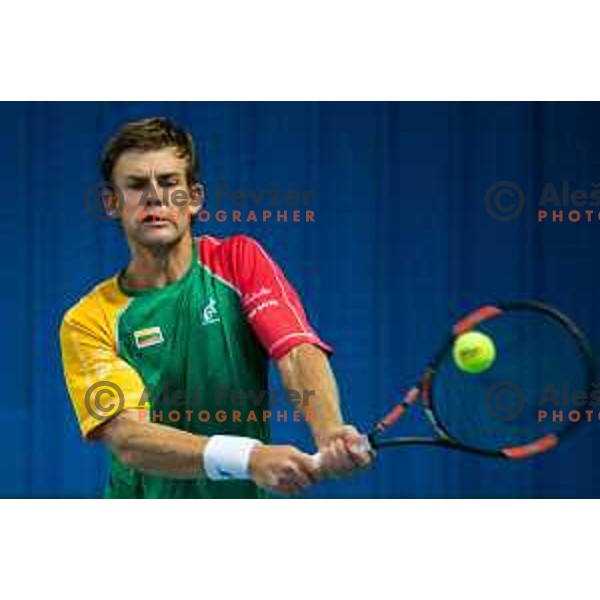 Laurinas Grigelis in action during Davis Cup match between Slovenia and Lithuania, Kranj, October 30, 2015.