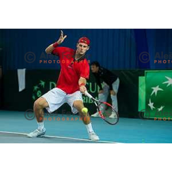 Blaz Rola of Slovenia in action during Davis Cup match between Slovenia and Lithuania in Kranj, Slovenia on October 30, 2015
