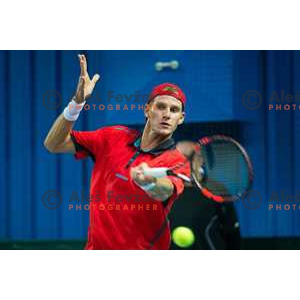 Blaz Rola of Slovenia in action during Davis Cup match between Slovenia and Lithuania in Kranj, Slovenia on October 30, 2015