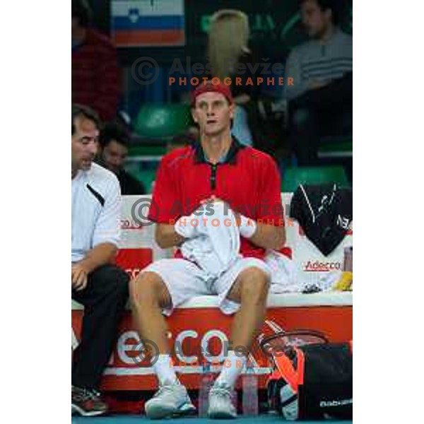 Blaz Rola of Slovenia in action during Davis Cup match between Slovenia and Lithuania in Kranj, Slovenia on October 30, 2015
