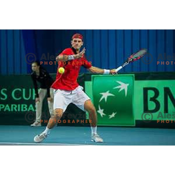 Blaz Rola of Slovenia in action during Davis Cup match between Slovenia and Lithuania in Kranj, Slovenia on October 30, 2015
