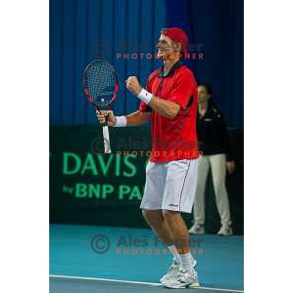 Blaz Rola of Slovenia in action during Davis Cup match between Slovenia and Lithuania in Kranj, Slovenia on October 30, 2015
