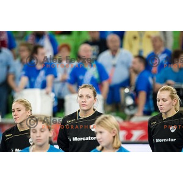 Polona Baric, Marija Obradovic, Manca Juric in action during handball match between Krim Mercator - Larvik, EHF Women\'s Champions League, Stozice, Ljubljana, 30.10.2015