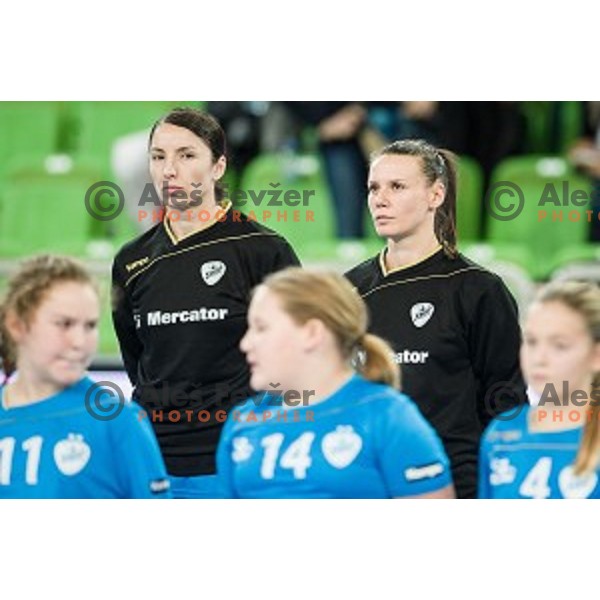 Mirjeta Bajramovska, Maja Lukovic in action during handball match between Krim Mercator - Larvik, EHF Women\'s Champions League, Stozice, Ljubljana, 30.10.2015