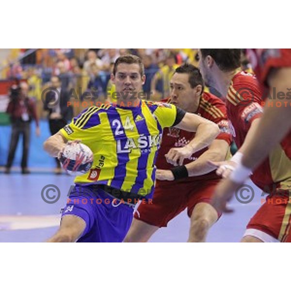 of Celje Pivovarna Lasko in action during EHF Champions league match between Celje Pivovarna Lasko and Veszprem in Zlatorog Hall, Celje, Slovenia on November 15, 2015