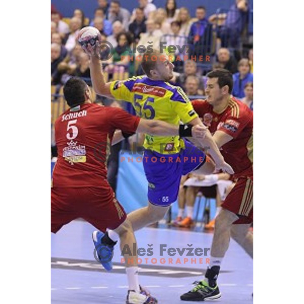 Ziga Mlakar of Celje Pivovarna Lasko in action during EHF Champions league match between Celje Pivovarna Lasko and Veszprem in Zlatorog Hall, Celje, Slovenia on November 15, 2015