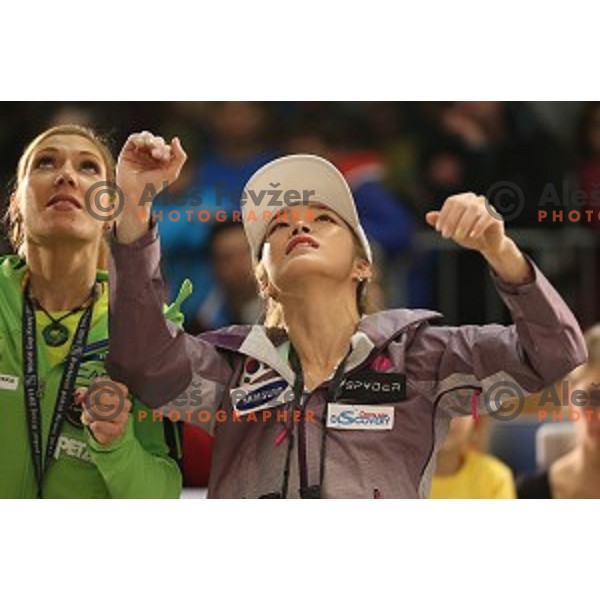 Mina Markovic (SLO) and Jain Kim (KOR) in the Final of IFSC Climbing World Cup 2015 in Zlato pole Hall, Kranj, Slovenia in November 15, 2015