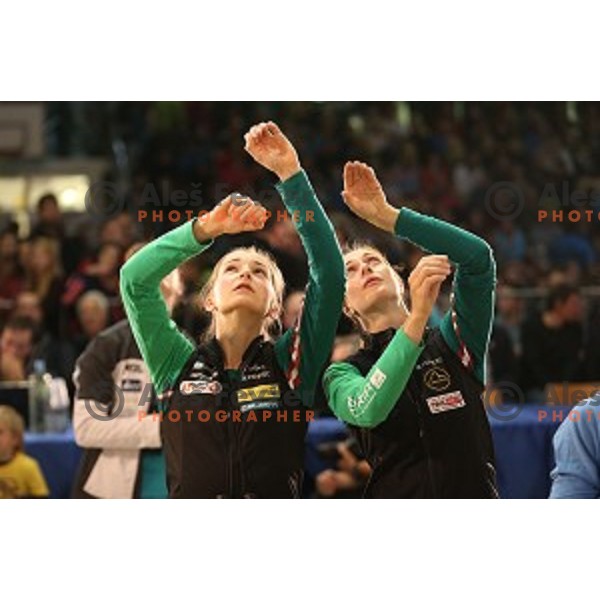 Jassica Pilz and Christine Schranz (AUT) in the Final of IFSC Climbing World Cup 2015 in Zlato pole Hall, Kranj, Slovenia in November 15, 2015