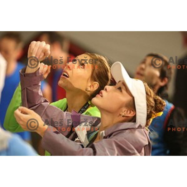 Mina Markovic (SLO) and Jain Kim (KOR) in the Final of IFSC Climbing World Cup 2015 in Zlato pole Hall, Kranj, Slovenia in November 15, 2015