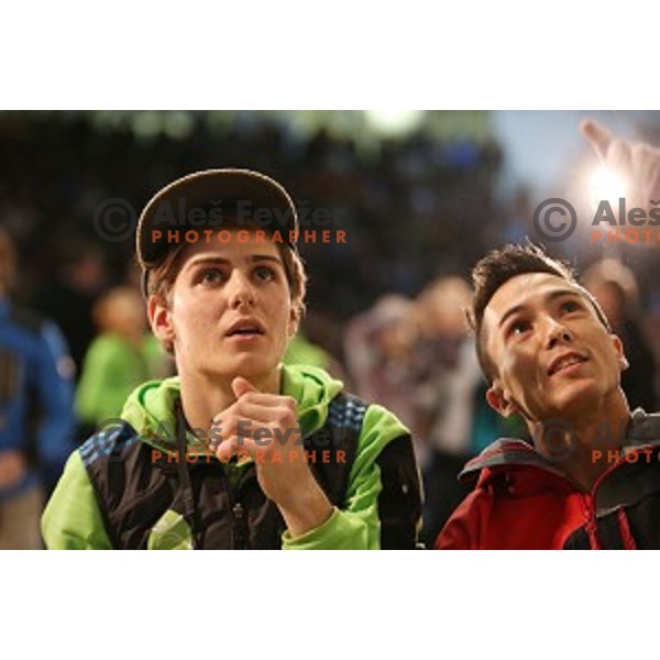 Domen Skofic of Slovenia and Sean Mccoll of Canada in the Final of IFSC Climbing World Cup 2015 in Zlato pole Hall, Kranj, Slovenia in November 15, 2015