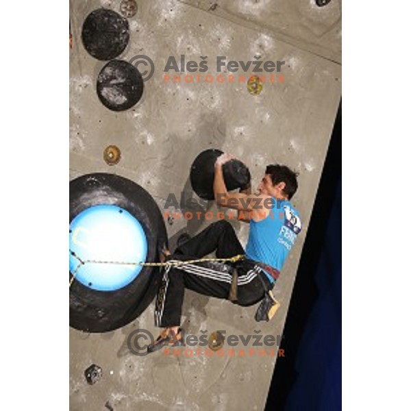 Romain Desgranges (FRA) in the Final of IFSC Climbing World Cup 2015 in Zlato pole Hall, Kranj, Slovenia in November 15, 2015