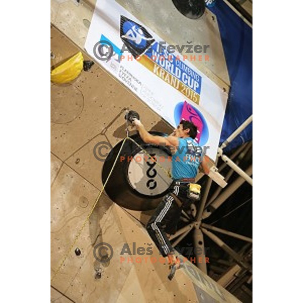 Romain Desgranges (FRA) in the Final of IFSC Climbing World Cup 2015 in Zlato pole Hall, Kranj, Slovenia in November 15, 2015
