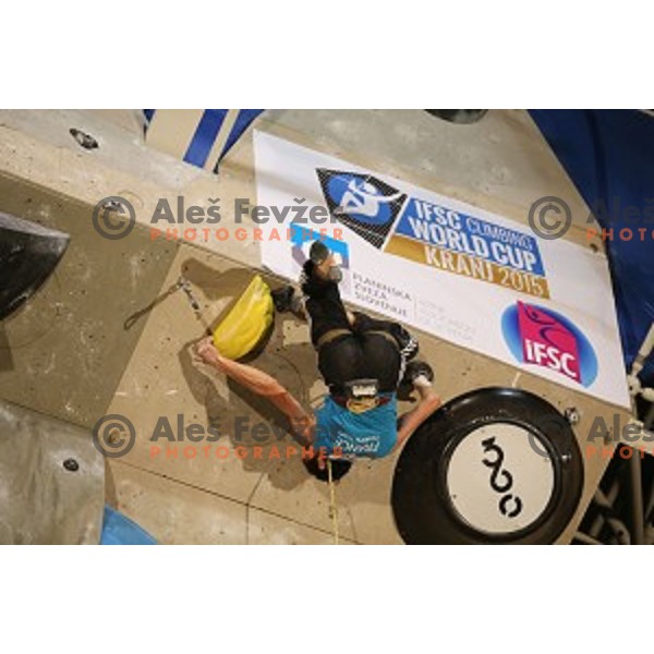 Romain Desgranges (FRA) in the Final of IFSC Climbing World Cup 2015 in Zlato pole Hall, Kranj, Slovenia in November 15, 2015
