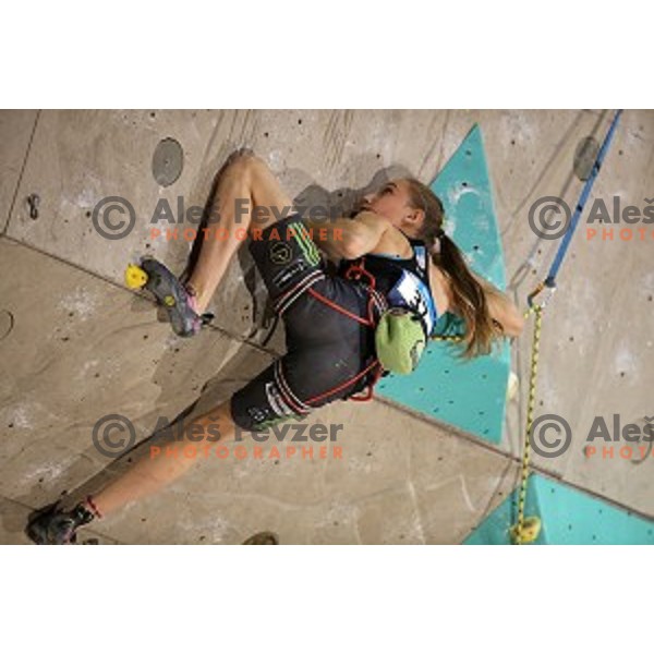 Janja Garnbret of Slovenia in the Final of IFSC Climbing World Cup 2015 in Zlato pole Hall, Kranj, Slovenia in November 15, 2015