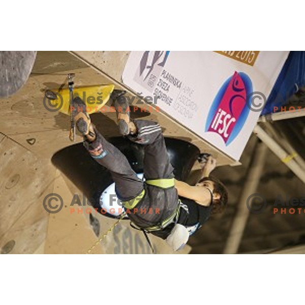 Domen Skofic of Slovenia in the Final of IFSC Climbing World Cup 2015 in Zlato pole Hall, Kranj, Slovenia in November 15, 2015