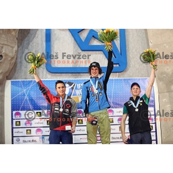 Sean Mccoll (CAN), Adam Ondra (CZE) and Jakob Schubert of Austria in the Final of IFSC Climbing World Cup 2015 in Zlato pole Hall, Kranj, Slovenia in November 15, 2015