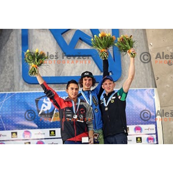 Sean Mccoll (CAN), Adam Ondra (CZE) and Jakob Schubert of Austria in the Final of IFSC Climbing World Cup 2015 in Zlato pole Hall, Kranj, Slovenia in November 15, 2015
