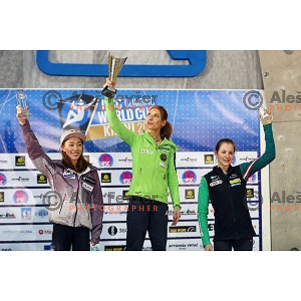 Jain Kim (KOR), Mina Markovic of Slovenia and Jessica Pilz (AUT) in the Final of IFSC Climbing World Cup 2015 in Zlato pole Hall, Kranj, Slovenia in November 15, 2015