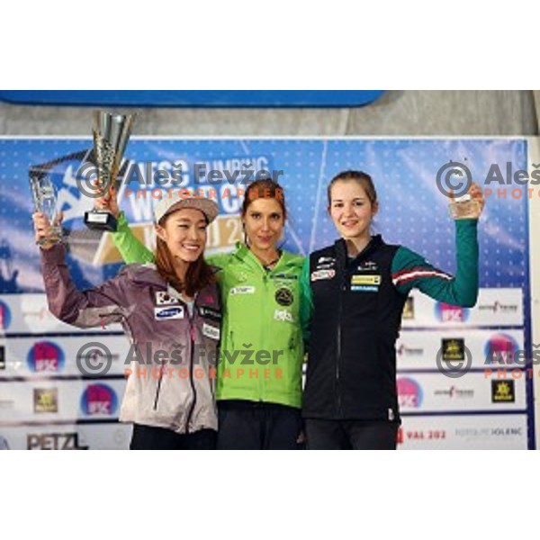 Jain Kim (KOR), Mina Markovic of Slovenia and Jessica Pilz (AUT) in the Final of IFSC Climbing World Cup 2015 in Zlato pole Hall, Kranj, Slovenia in November 15, 2015