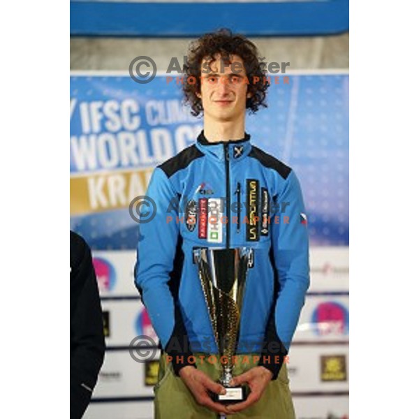 Adam Ondra (CZE) in the Final of IFSC Climbing World Cup 2015 in Zlato pole Hall, Kranj, Slovenia in November 15, 2015
