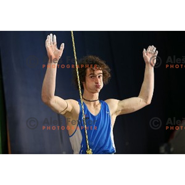 Adam Ondra (CZE) in the Final of IFSC Climbing World Cup 2015 in Zlato pole Hall, Kranj, Slovenia in November 15, 2015