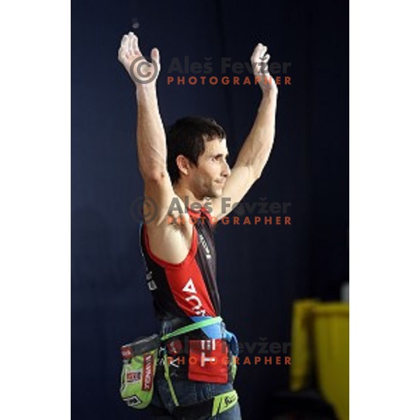 Julian Puigblanque (ESP) in the Final of IFSC Climbing World Cup 2015 in Zlato pole Hall, Kranj, Slovenia in November 15, 2015
