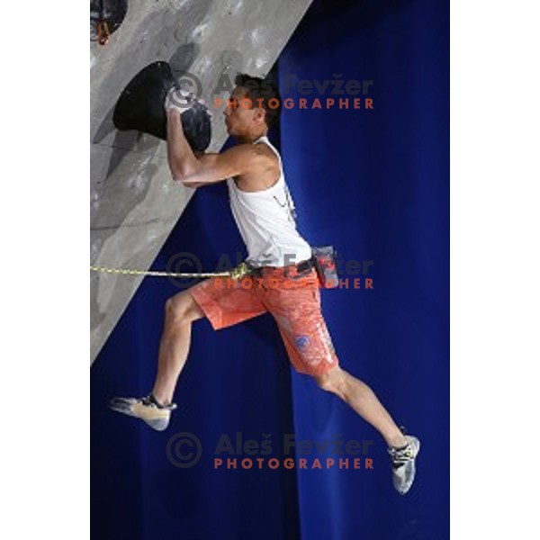 Sean Mccoll (CAN) in the Final of IFSC Climbing World Cup 2015 in Zlato pole Hall, Kranj, Slovenia in November 15, 2015