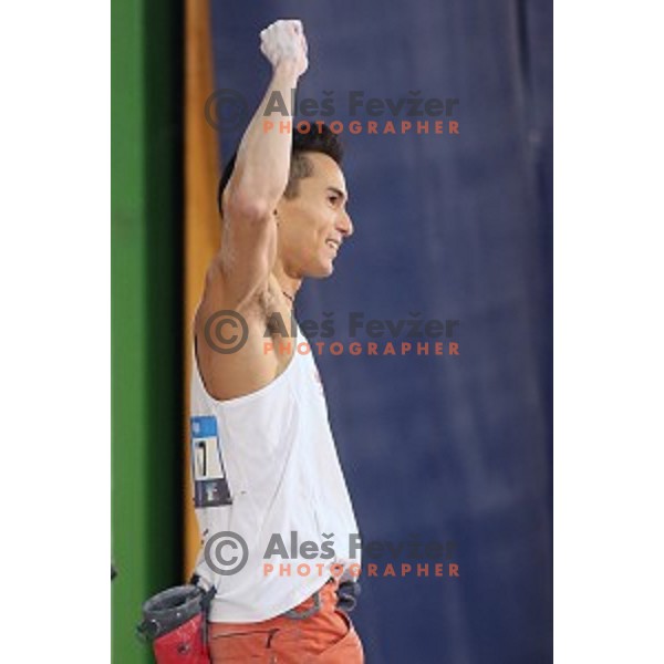 Sean Mccoll (CAN) in the Final of IFSC Climbing World Cup 2015 in Zlato pole Hall, Kranj, Slovenia in November 15, 2015