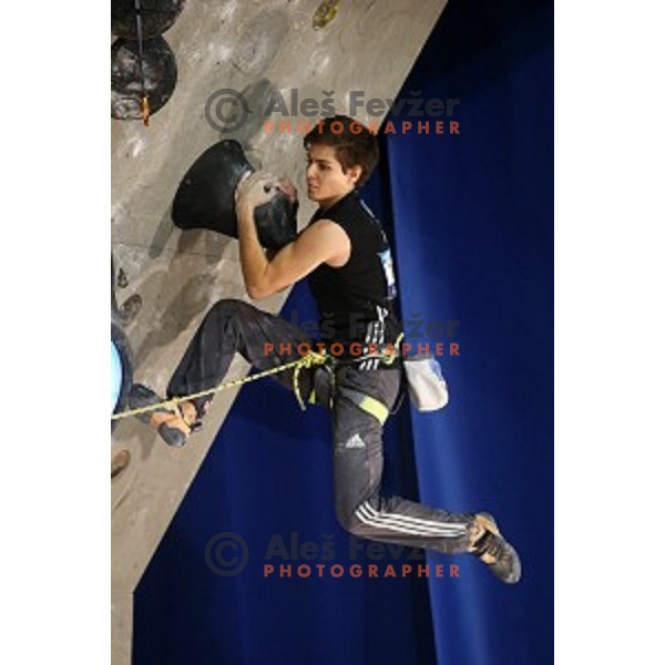 Domen Skofic of Slovenia in the Final of IFSC Climbing World Cup 2015 in Zlato pole Hall, Kranj, Slovenia in November 15, 2015