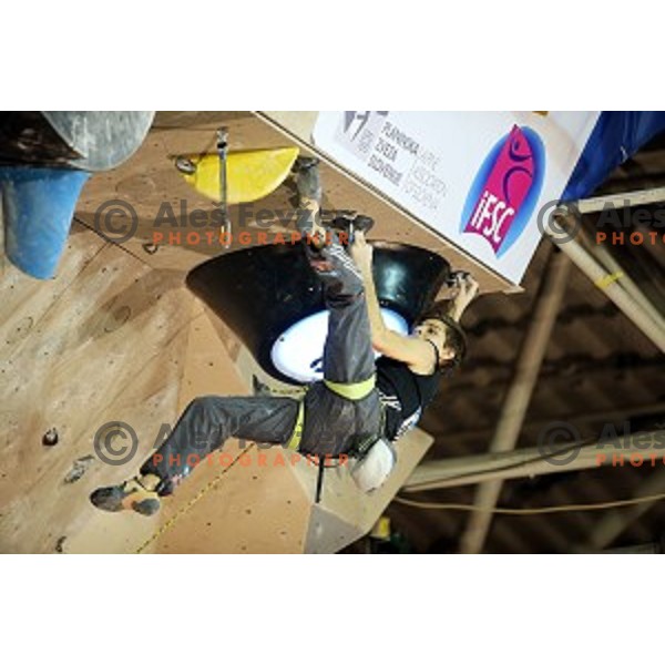 Domen Skofic of Slovenia in the Final of IFSC Climbing World Cup 2015 in Zlato pole Hall, Kranj, Slovenia in November 15, 2015