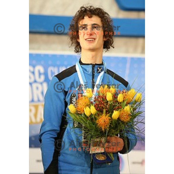 Adam Ondra (CZE) in the Final of IFSC Climbing World Cup 2015 in Zlato pole Hall, Kranj, Slovenia in November 15, 2015