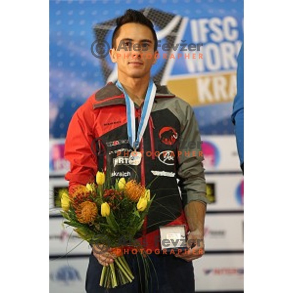 in the Final of IFSC Climbing World Cup 2015 in Zlato pole Hall, Kranj, Slovenia in November 15, 2015