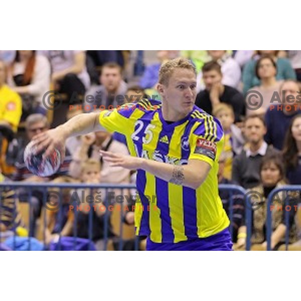 Tilen Kodrin of Celje Pivovarna Lasko in action during EHF Champions league match between Celje Pivovarna Lasko and Veszprem in Zlatorog Hall, Celje, Slovenia on November 15, 2015